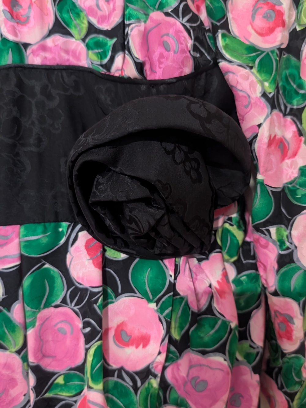 Black Waistband Floral Cocktail Dress with Pink & Green Roses